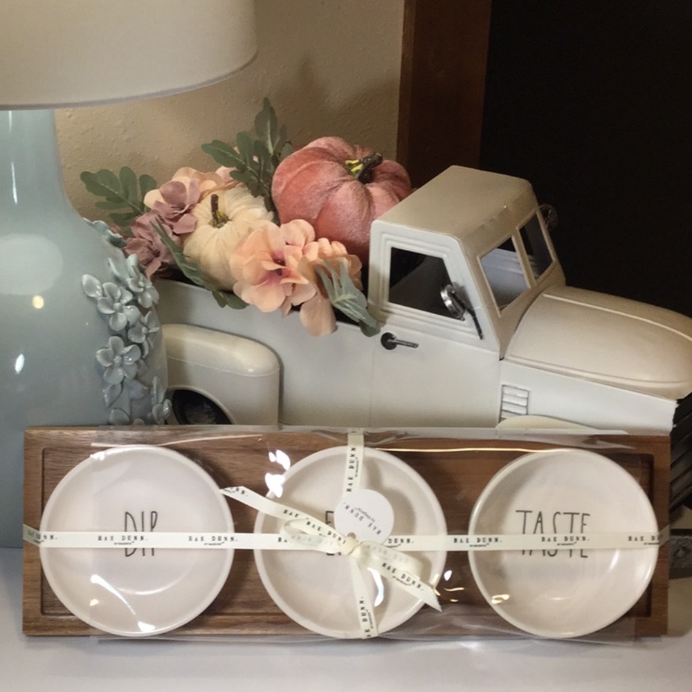 Rae Dunn DIP, EAT & TASTE Set on Wood Tray